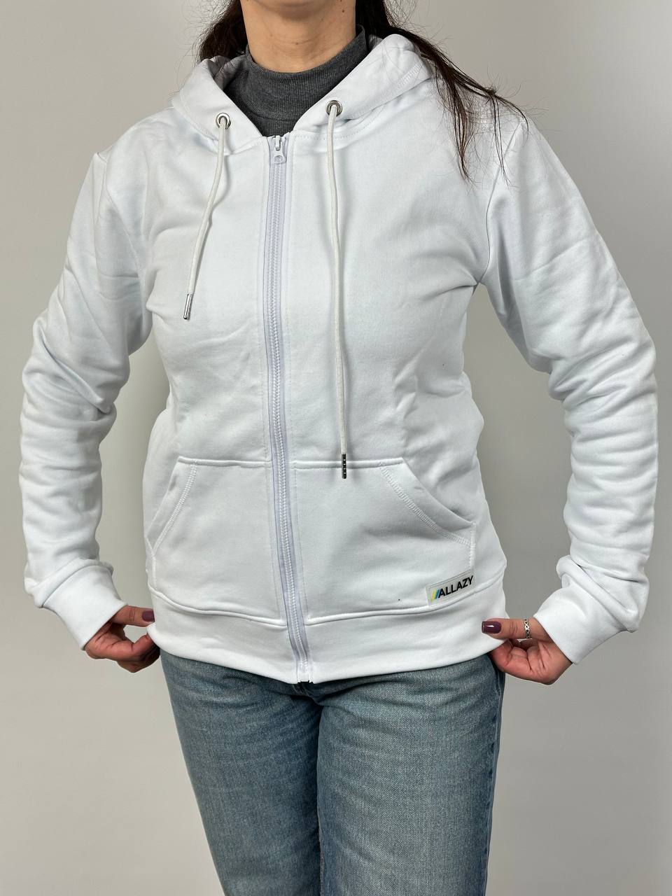 Белая женская худи без начеса на молнии "ALLAZY" реальное фото